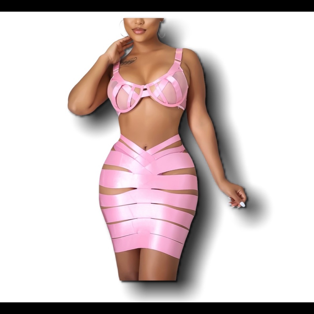 Pink/Lilac/Black Bandage cut out skirt set